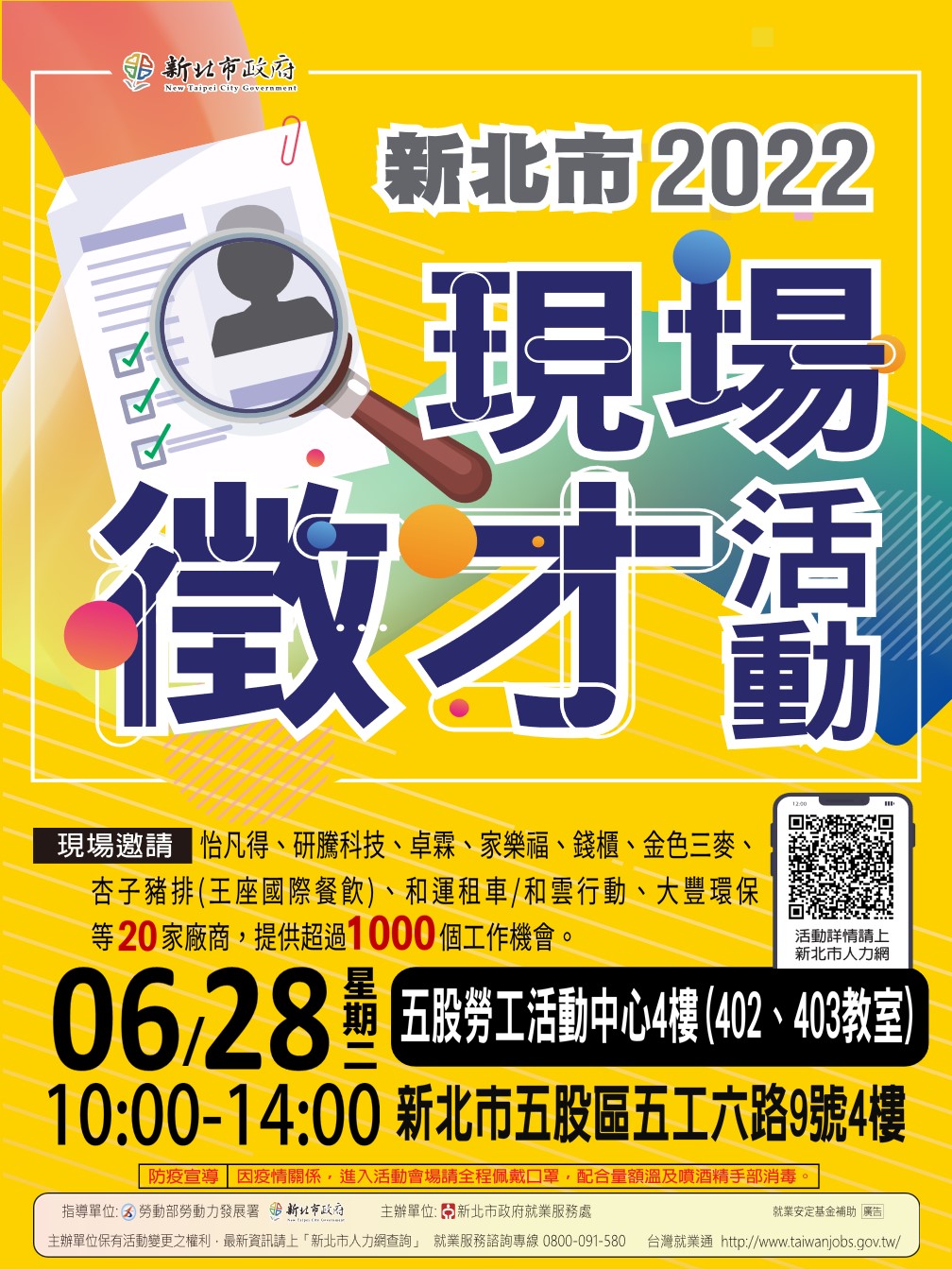 (轉知_就業訊息)新北市政府就業服務處111年6月28日(星期二)五股勞工活動中心4樓舉辦 「2022新北市現場徵才活動」。