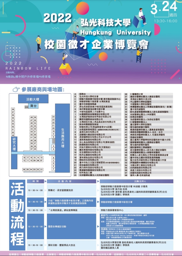 (轉知_就業訊息)弘光科技大學訂於111年3月24日舉辦「2022彩弘人生校園徵才企 業博覽會」。