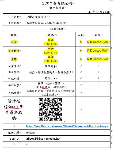 (轉知_就業訊息) 台灣工寶有限公司 徵 業務人員等職缺 ，歡迎有興趣/求職者把握機會~!!